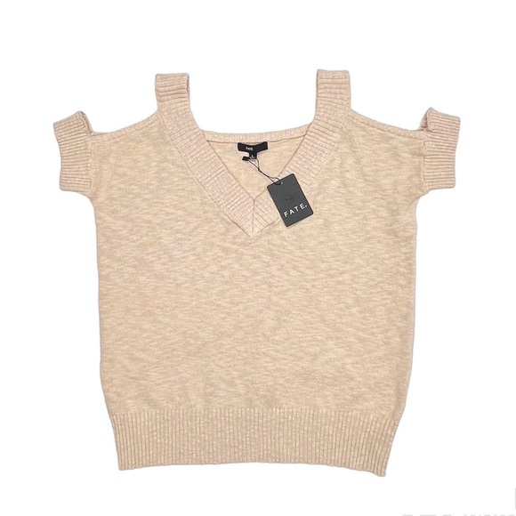 Fate Short Sleeved Cold Shoulder Cotton Sweater Women’s Size Large Ecru Tan NWT - Picture 1 of 6